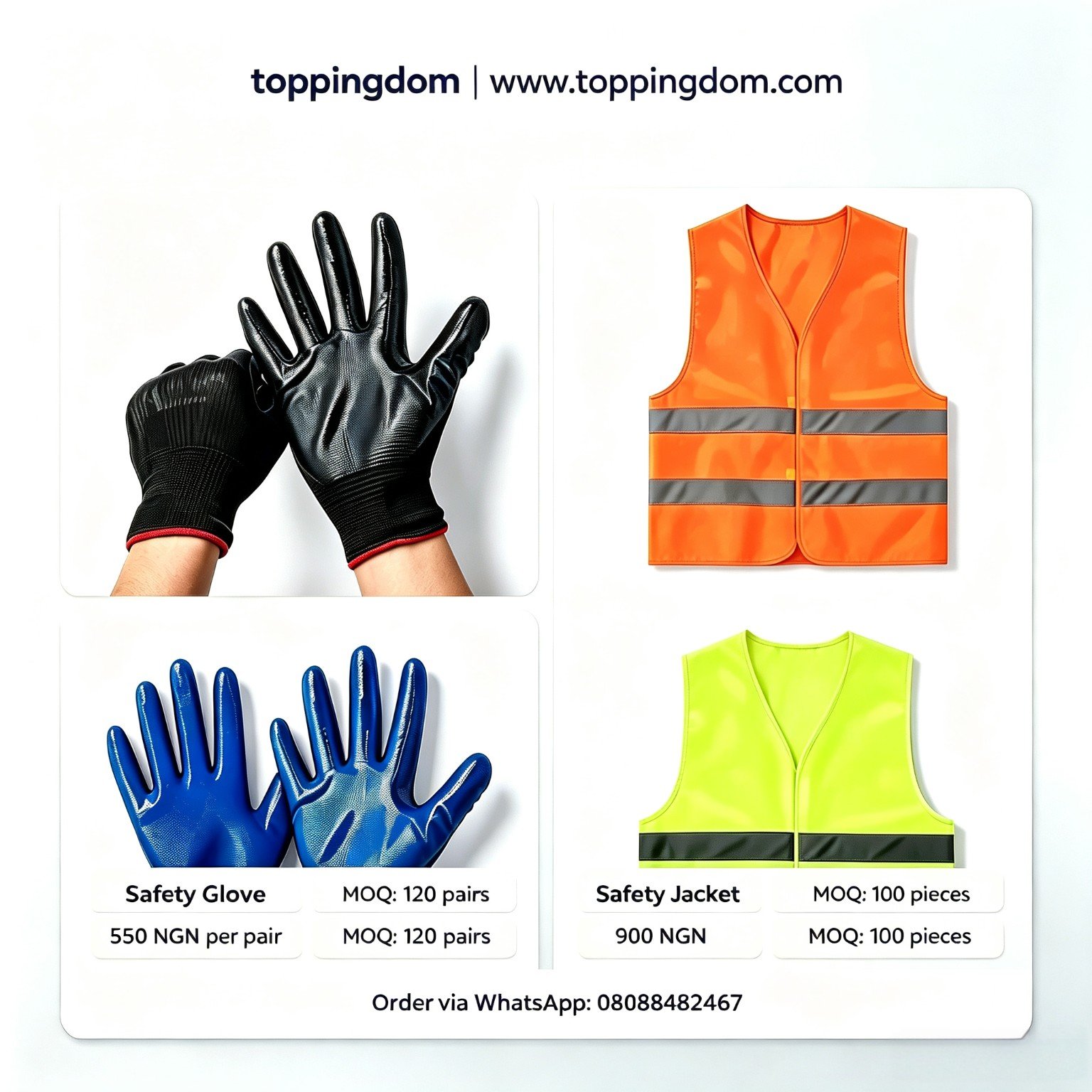Safety gloves at 550 naira per pair, minimum 120 pairs, and reflective safety vests at 900 naira each, minimum 100 pieces