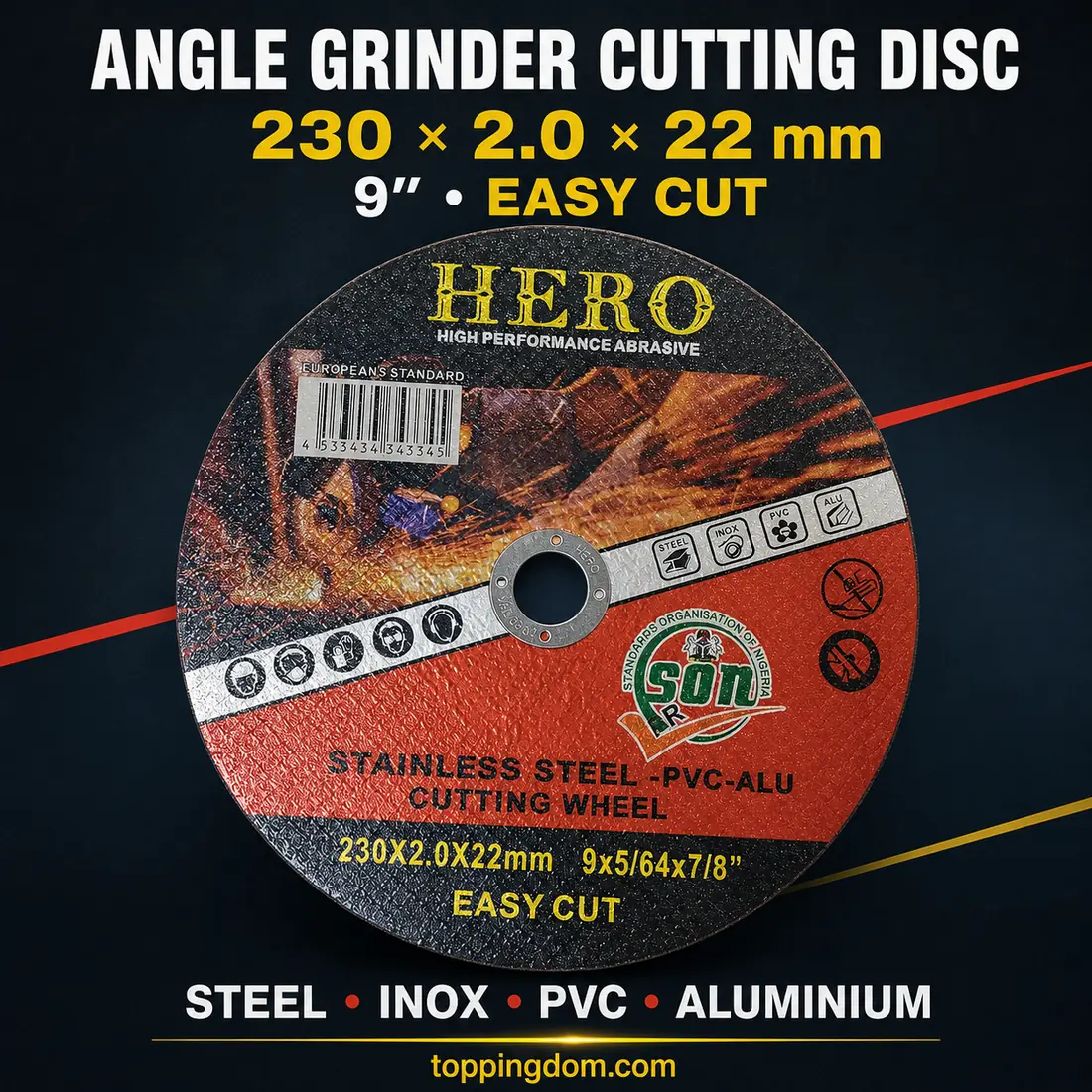 230 by 2.0 by 22 millimetre 9-inch angle grinder cutting disc for steel stainless steel PVC and aluminium