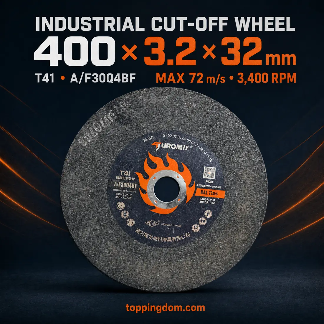 400 by 3.2 by 32 millimetre Type 41 industrial metal cut-off wheel rated 72 metres per second