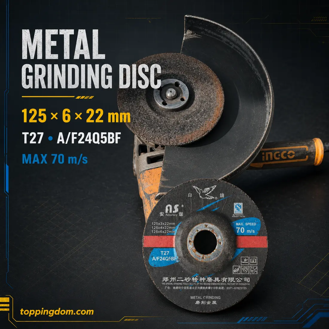125 by 6 by 22 millimetre Type 27 metal grinding disc fitted to an angle grinder