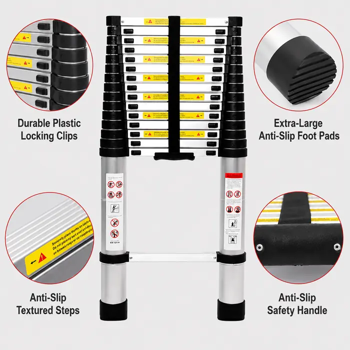 Telescopic ladder safety features with English labels