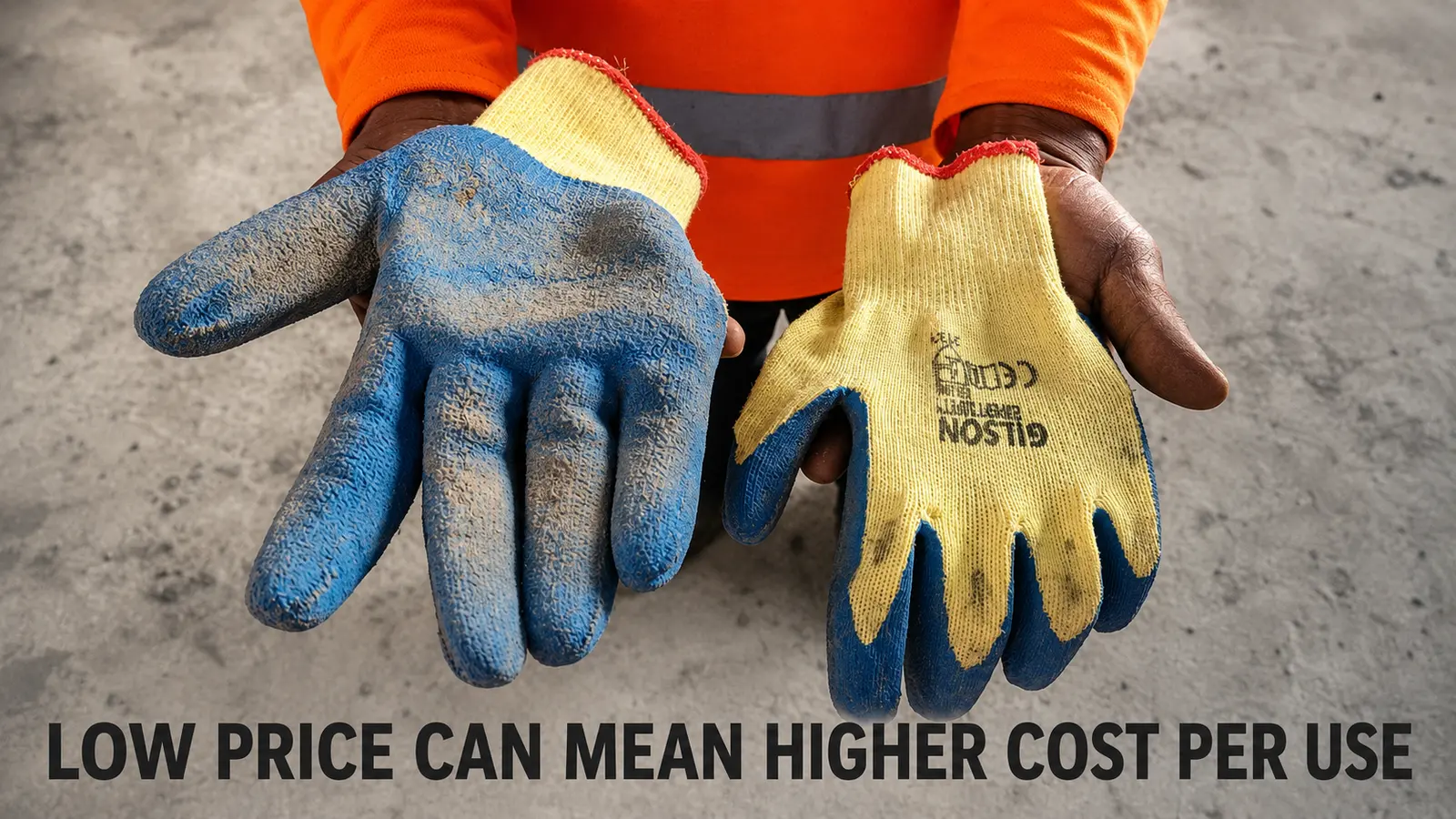 Construction worker showing worn blue coated work gloves with torn liner after field use